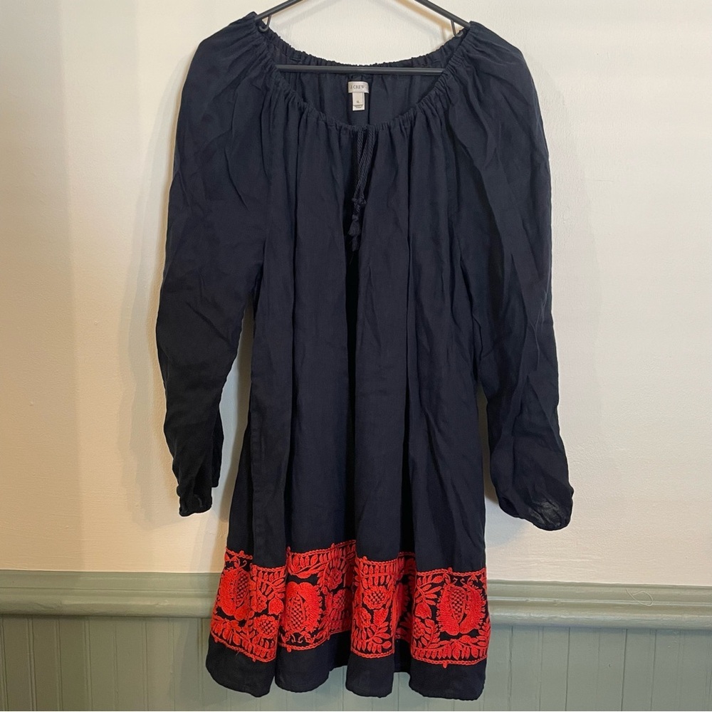 J. Crew Blue and Red Off-Shoulder Bishop Sleeve Sundress